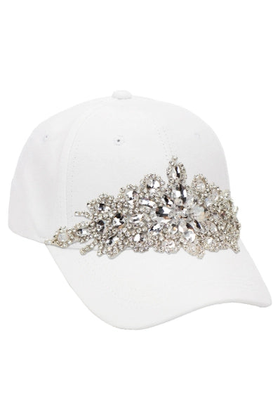 White Embellished Cap with Rhinestone