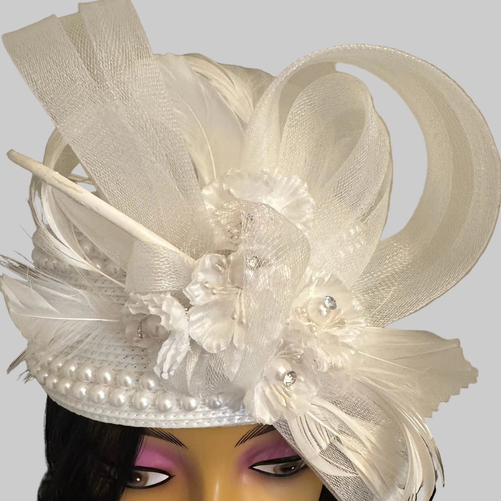 White Elegance Half Cap Hat & Fascinator - From Nigeria