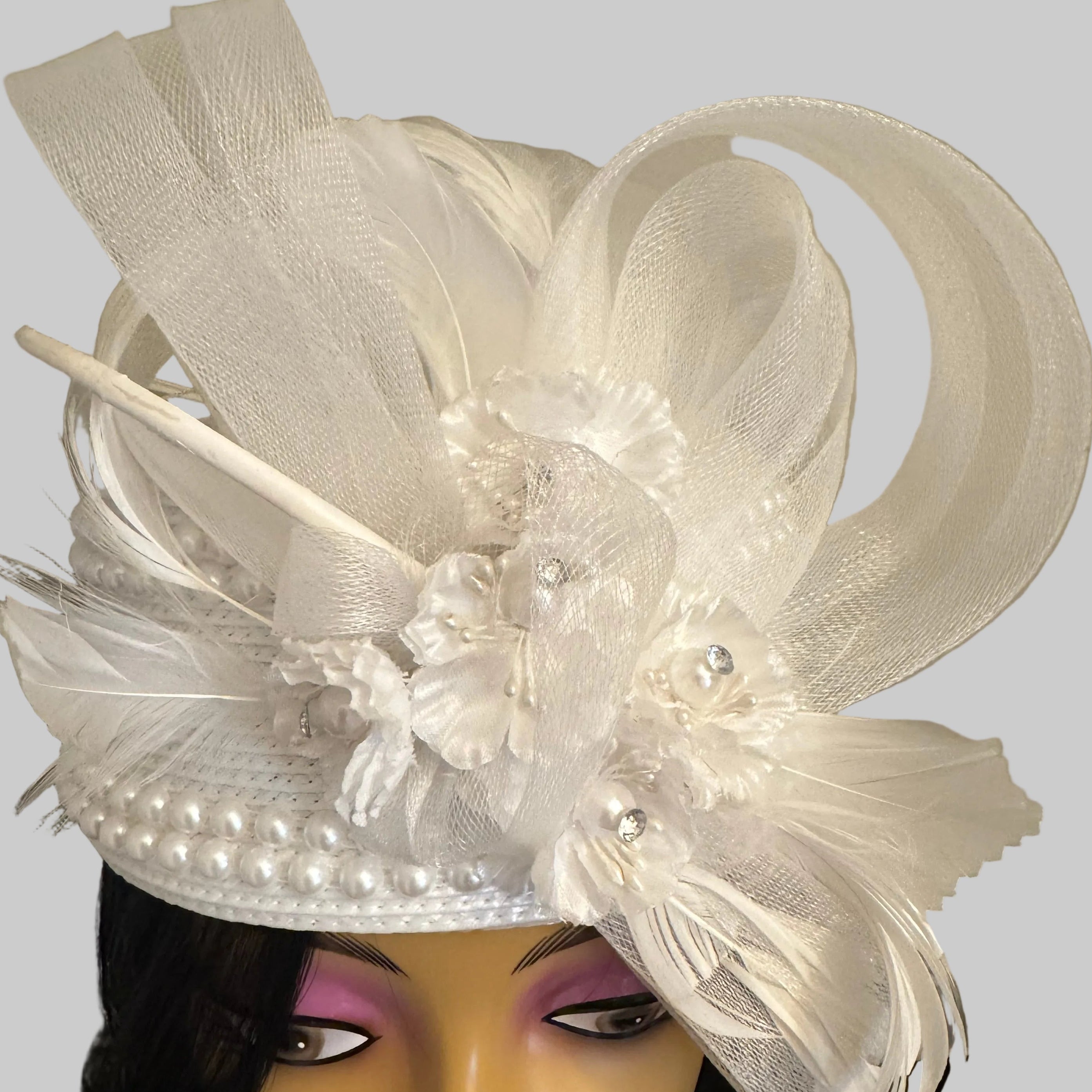 White Elegance Half Cap Hat & Fascinator - From Nigeria