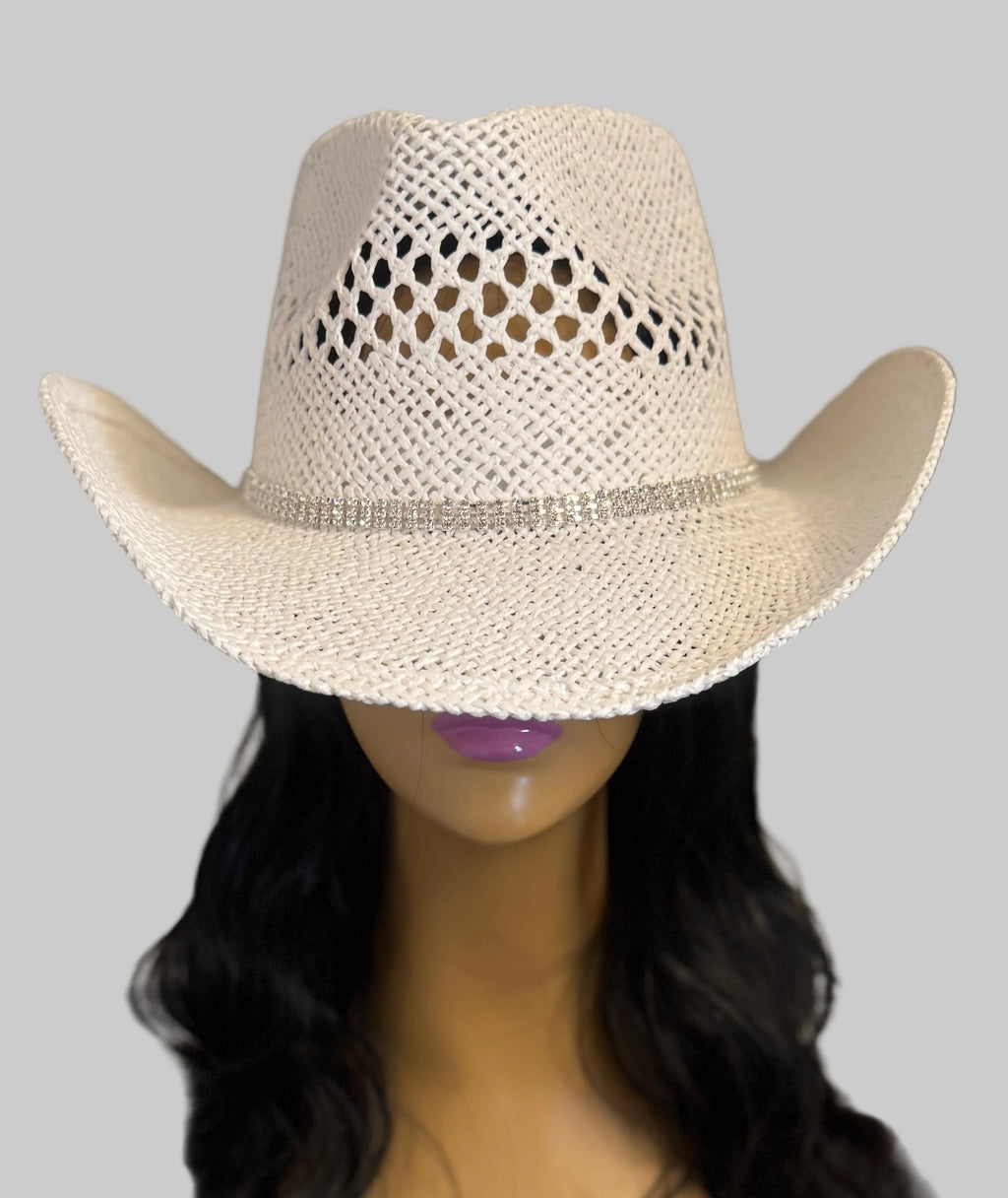 White Western Sculpted Hat with Rhinestone Strand as embellishment