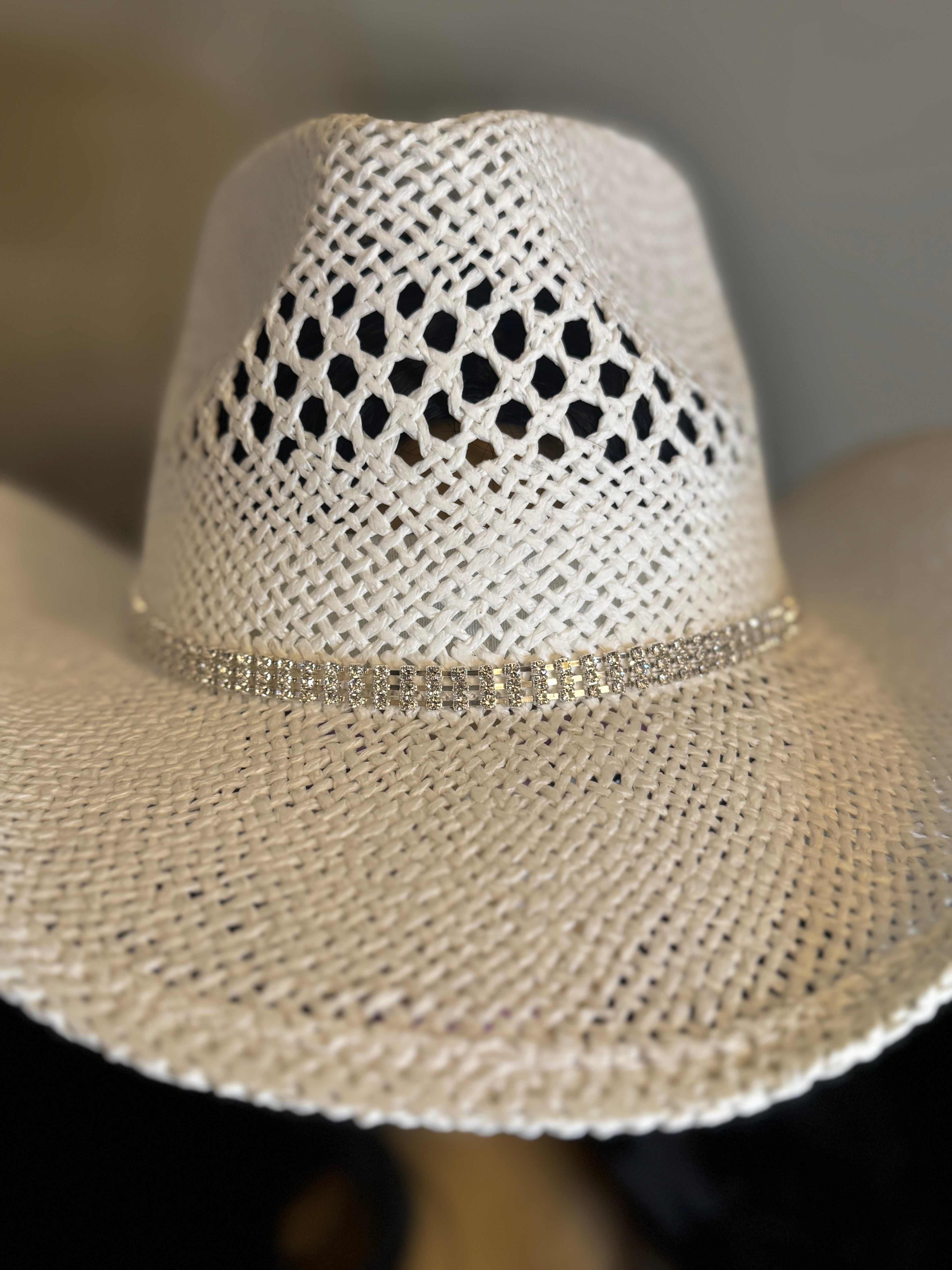 White Western Sculpted Hat with Rhinestone Strand as embellishment