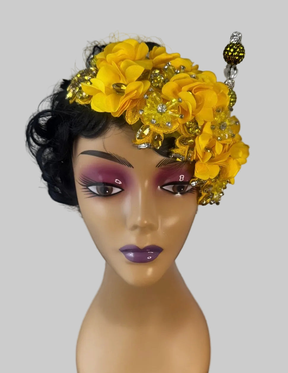 yellow floral jeweled headpiece fascinator