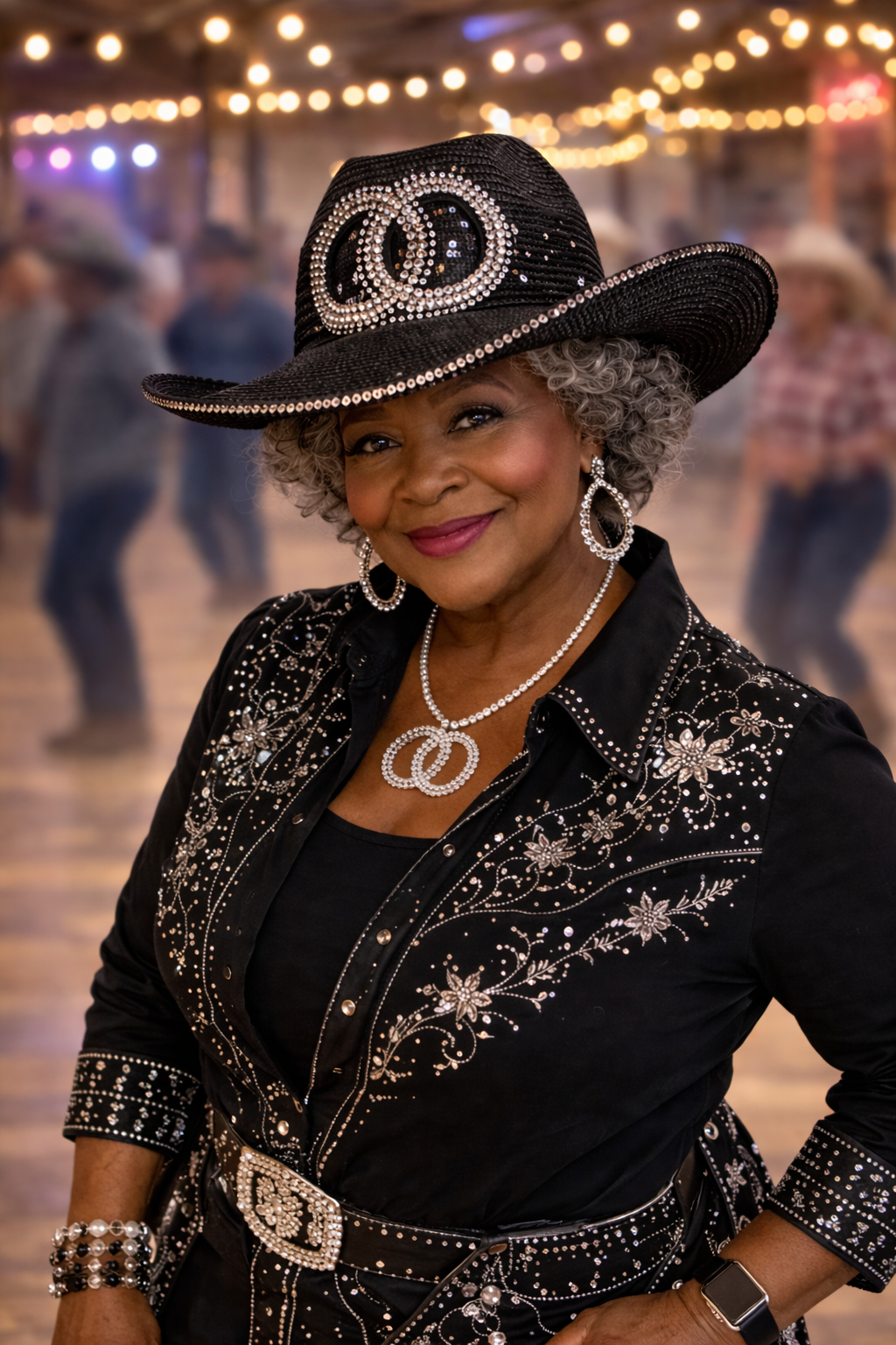 Black Western Hat with intersecting Double Rings