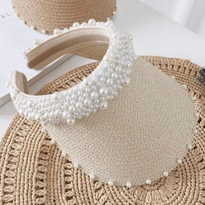 Chic Beige Fashion Straw Sun Visor adorned with Pearls
