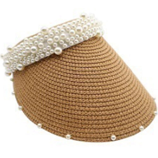 Chic Fashion Straw Sun Visor adorned with Pearls - Khaki
