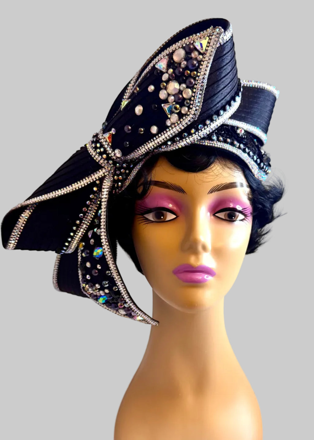Black Embellished Church Hat with side bow