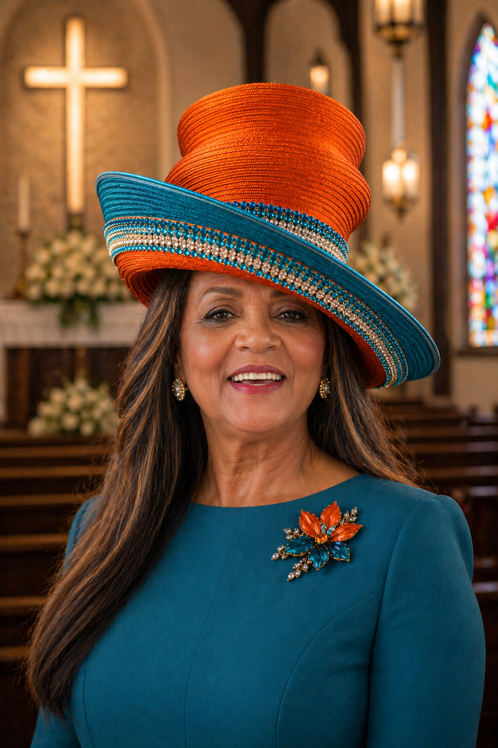custom Made Orange and turquoise hat