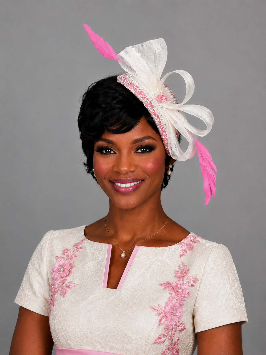 Moonlight Pink & Off White Feather Fascinator - From Nigeria