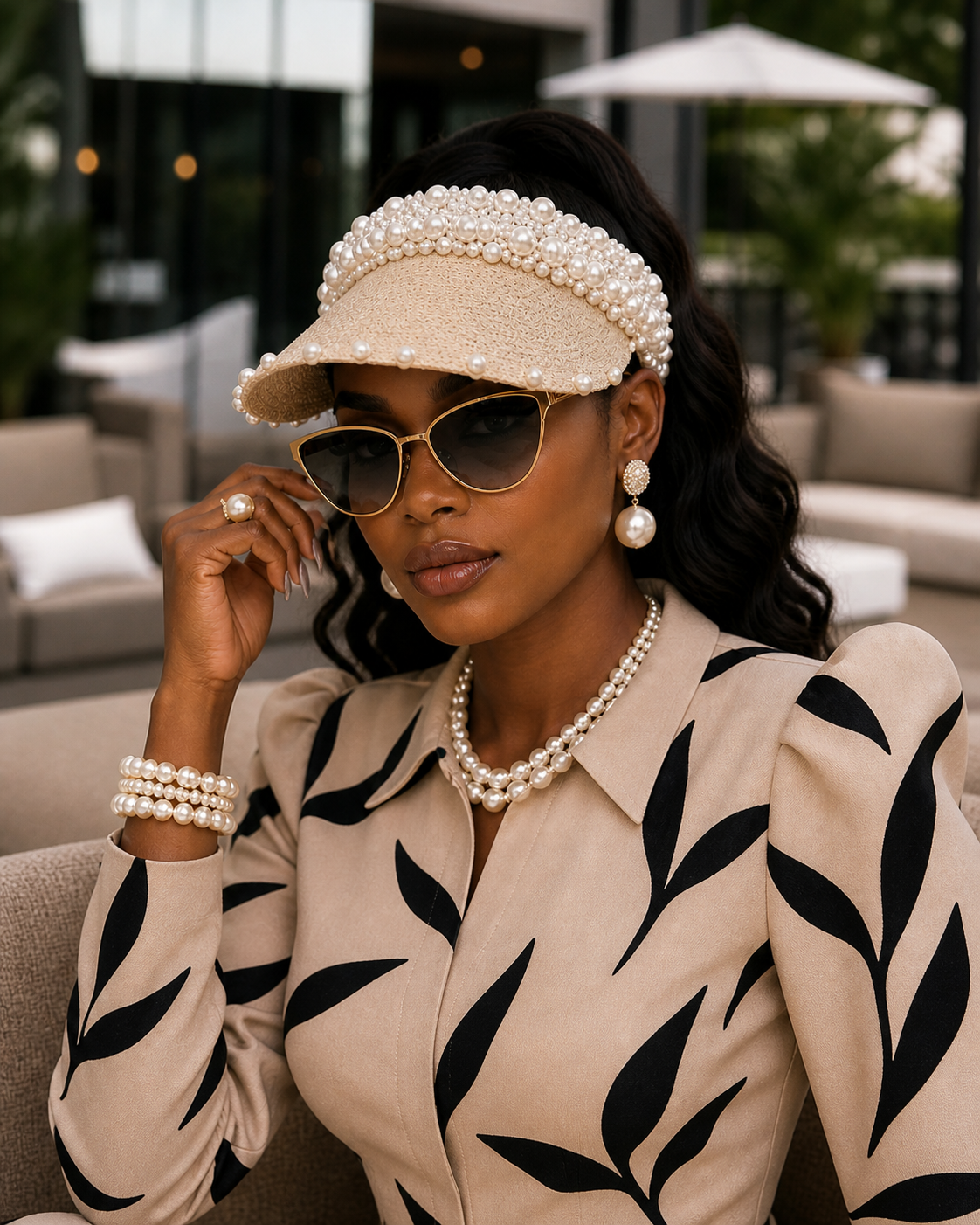 Chic Beige Fashion Straw Sun Visor adorned with Pearls