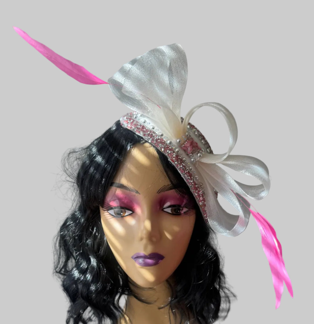 Moonlight Pink & Off White Feather Fascinator - From Nigeria