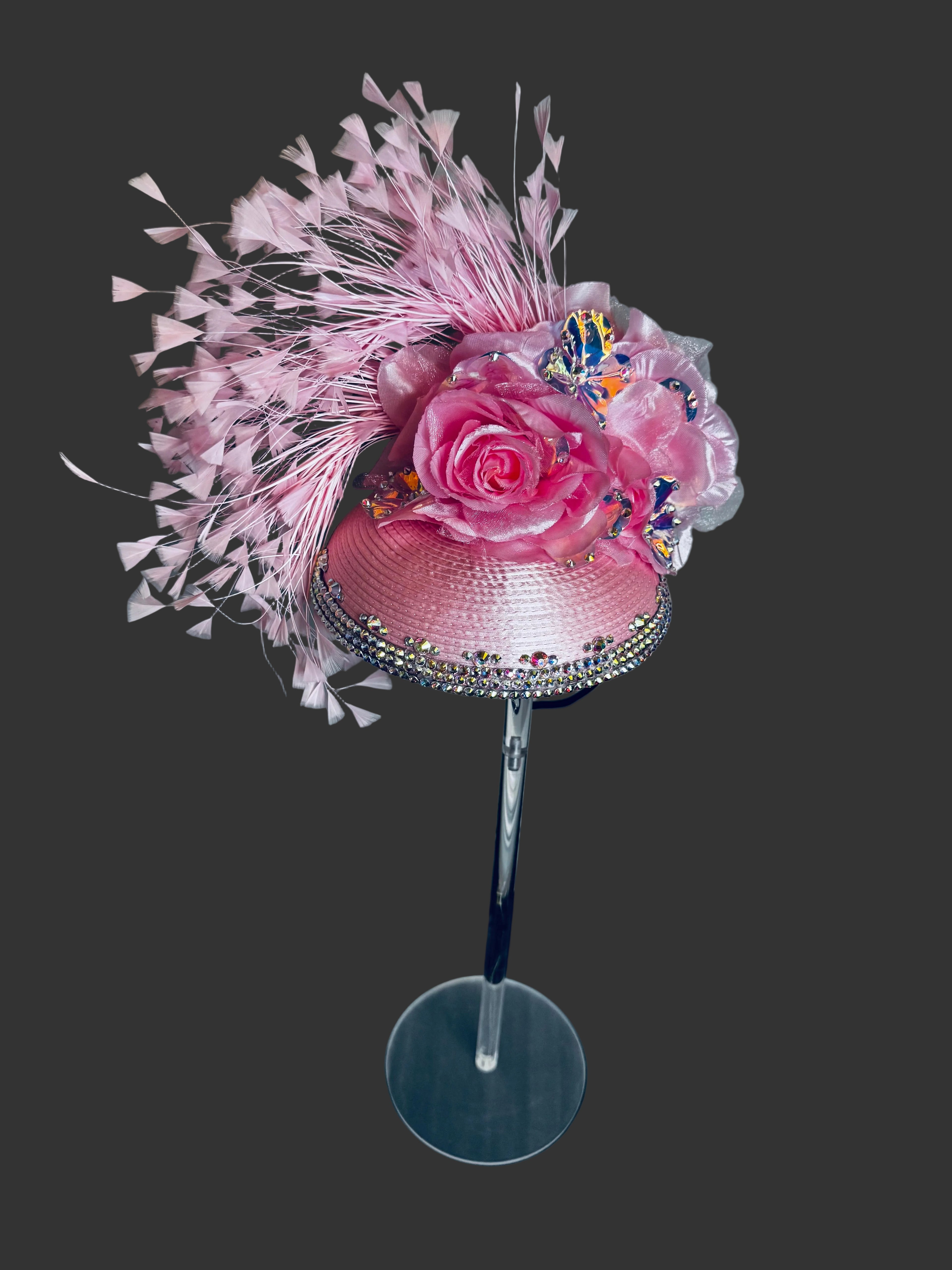 Pink Icicle Fascinator with Feathers and Rhinestone Trim