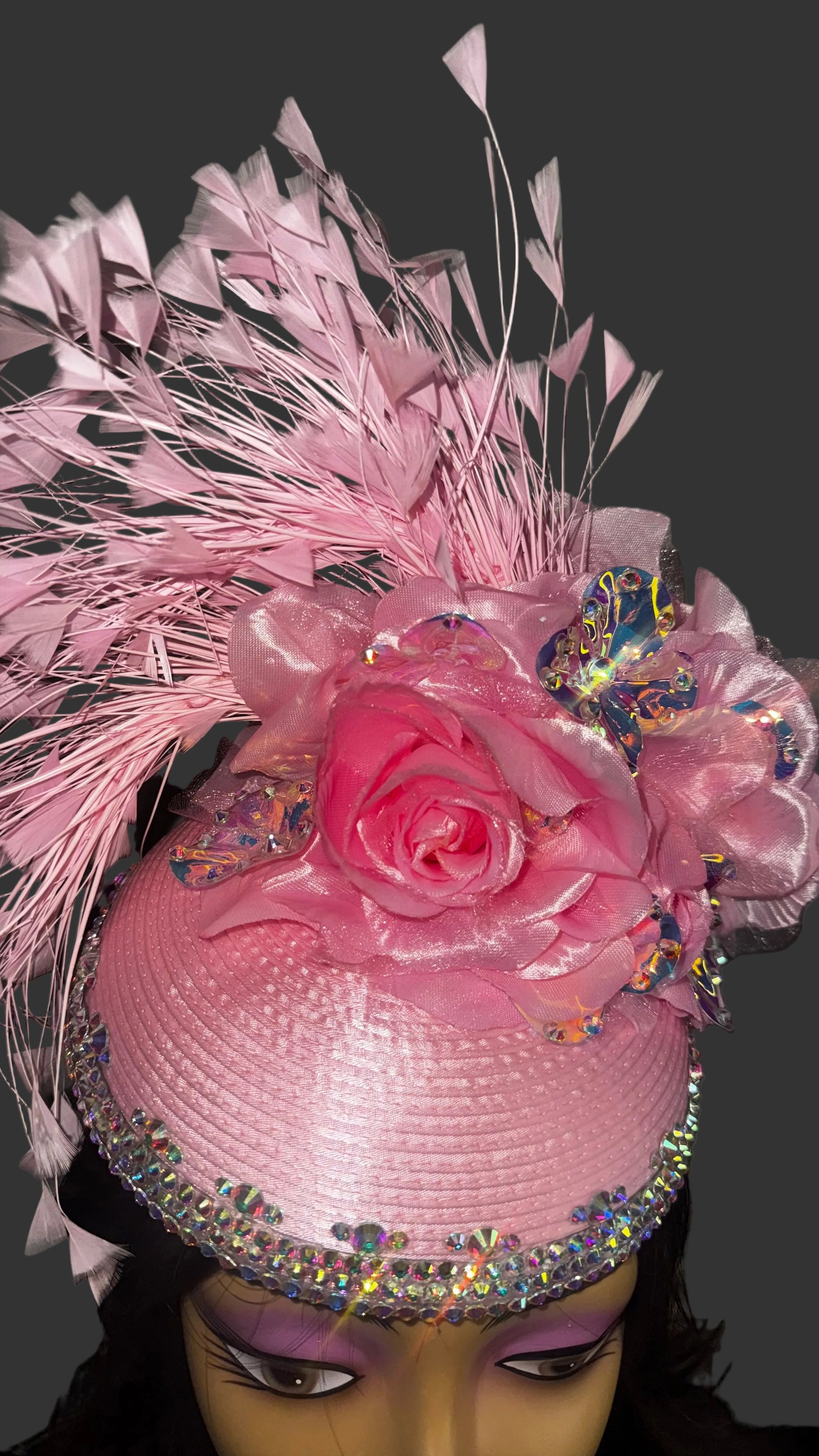Pink Icicle Fascinator with Feathers and Rhinestone Trim