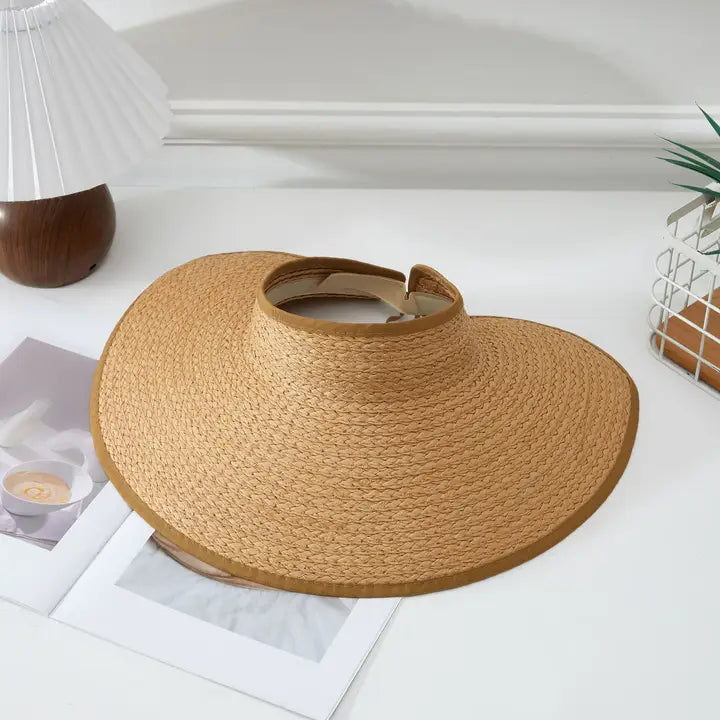 Rollable Wide Brim Straw Visor - Beige