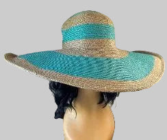 Turquoise and Tan Straw Lagoon Wide Brim Packable Summer Hat
