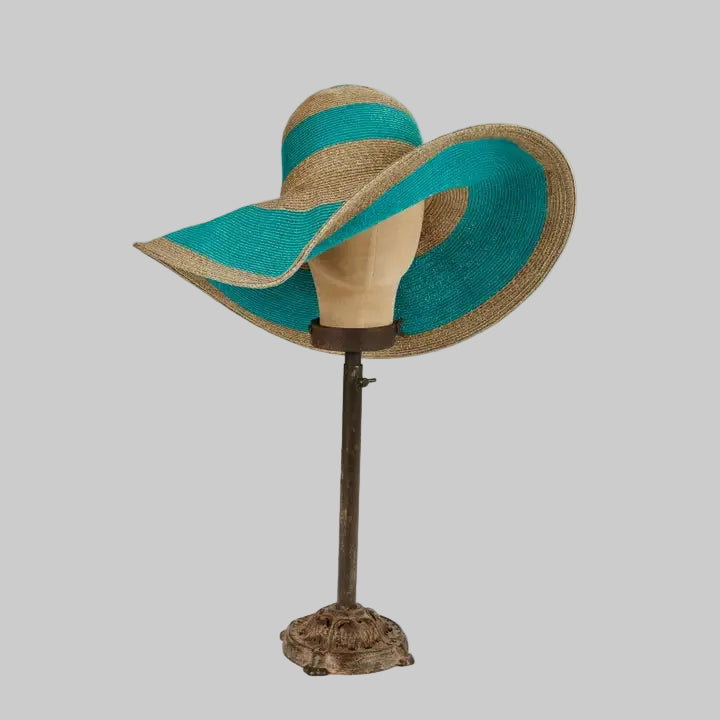 Turquoise and Tan Straw Lagoon Wide Brim Packable Summer Hat
