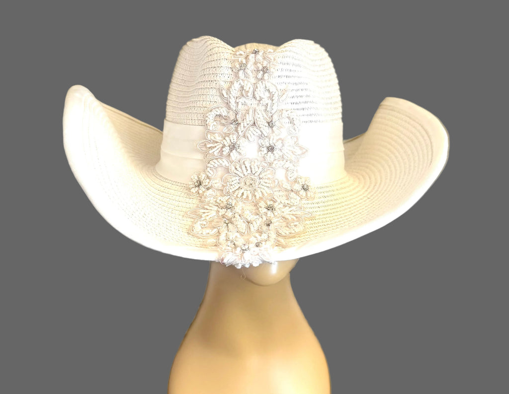 white on white embellished hat