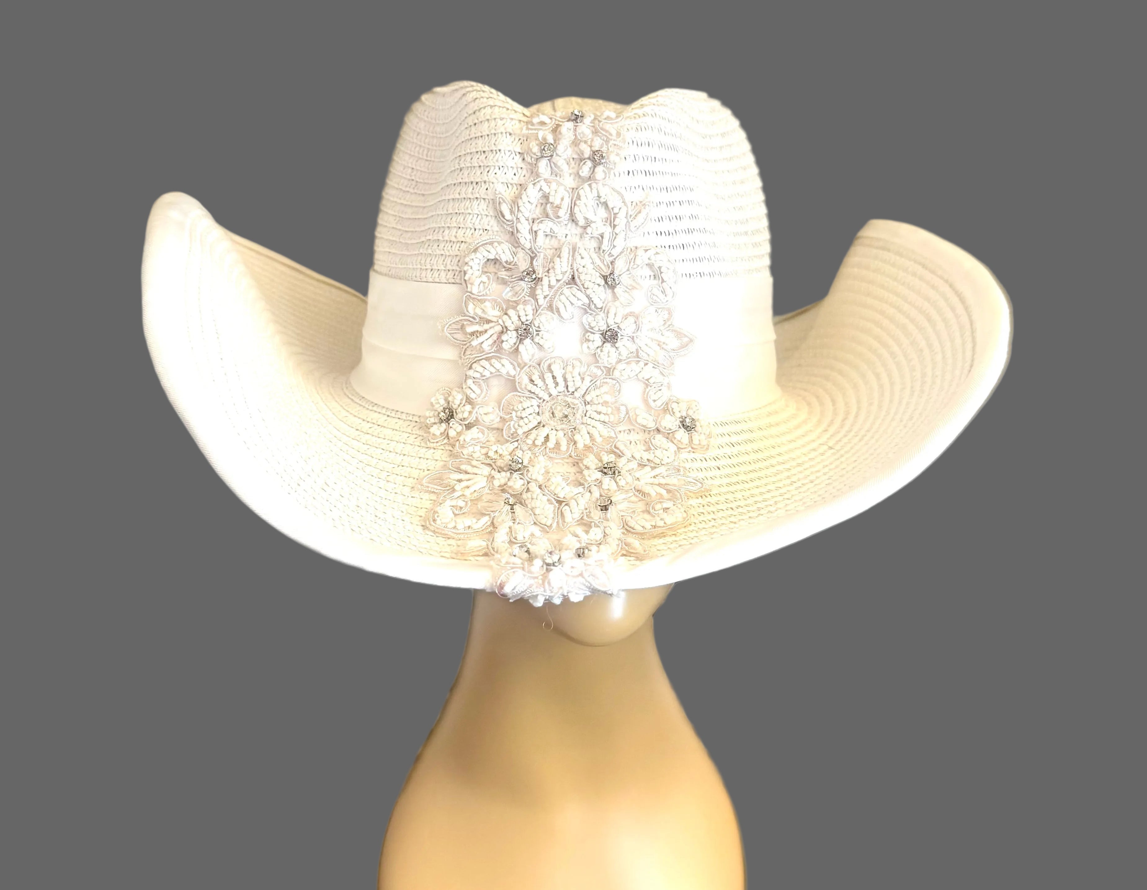 white on white embellished hat