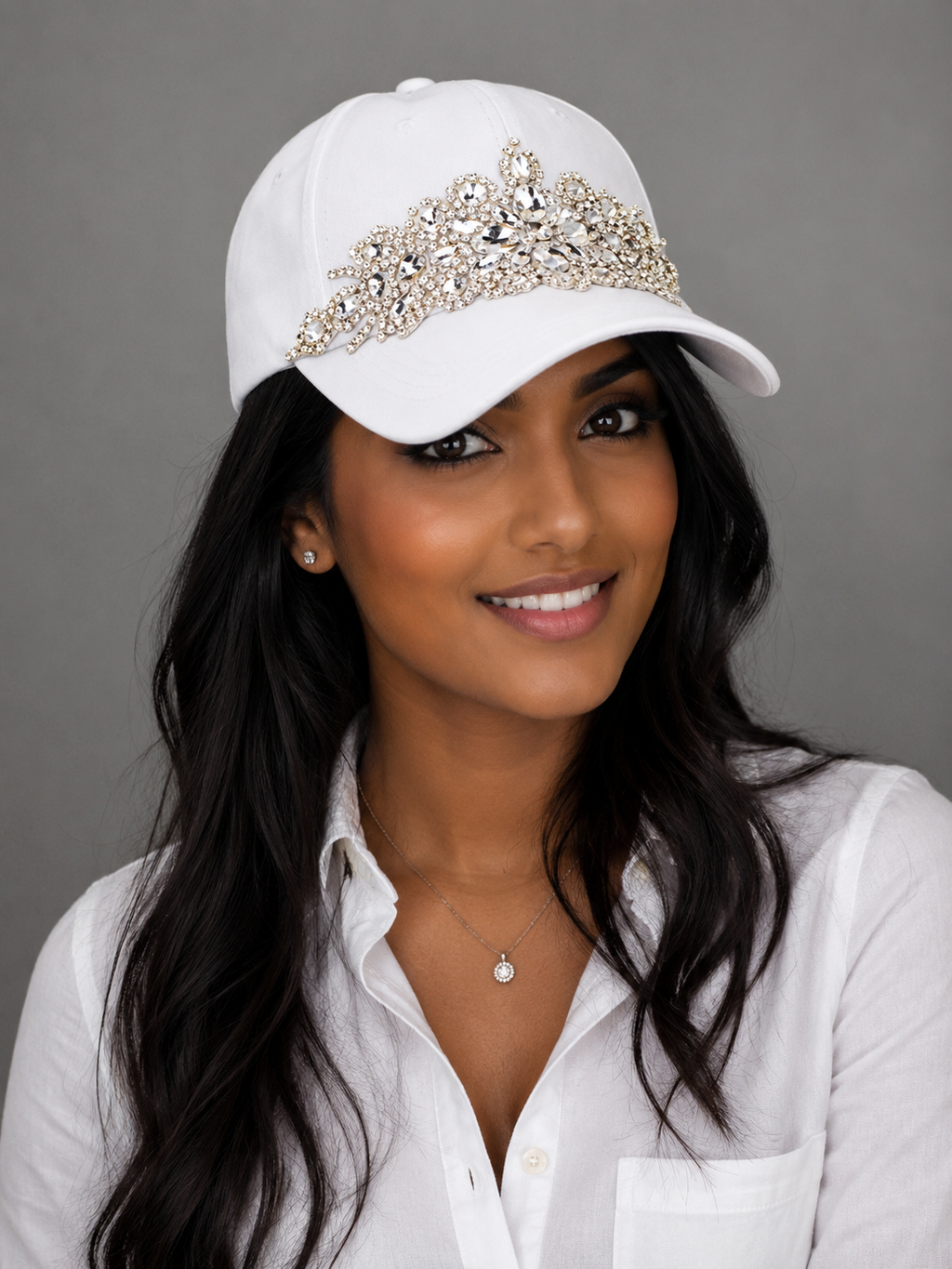 White Embellished Cap with Rhinestone