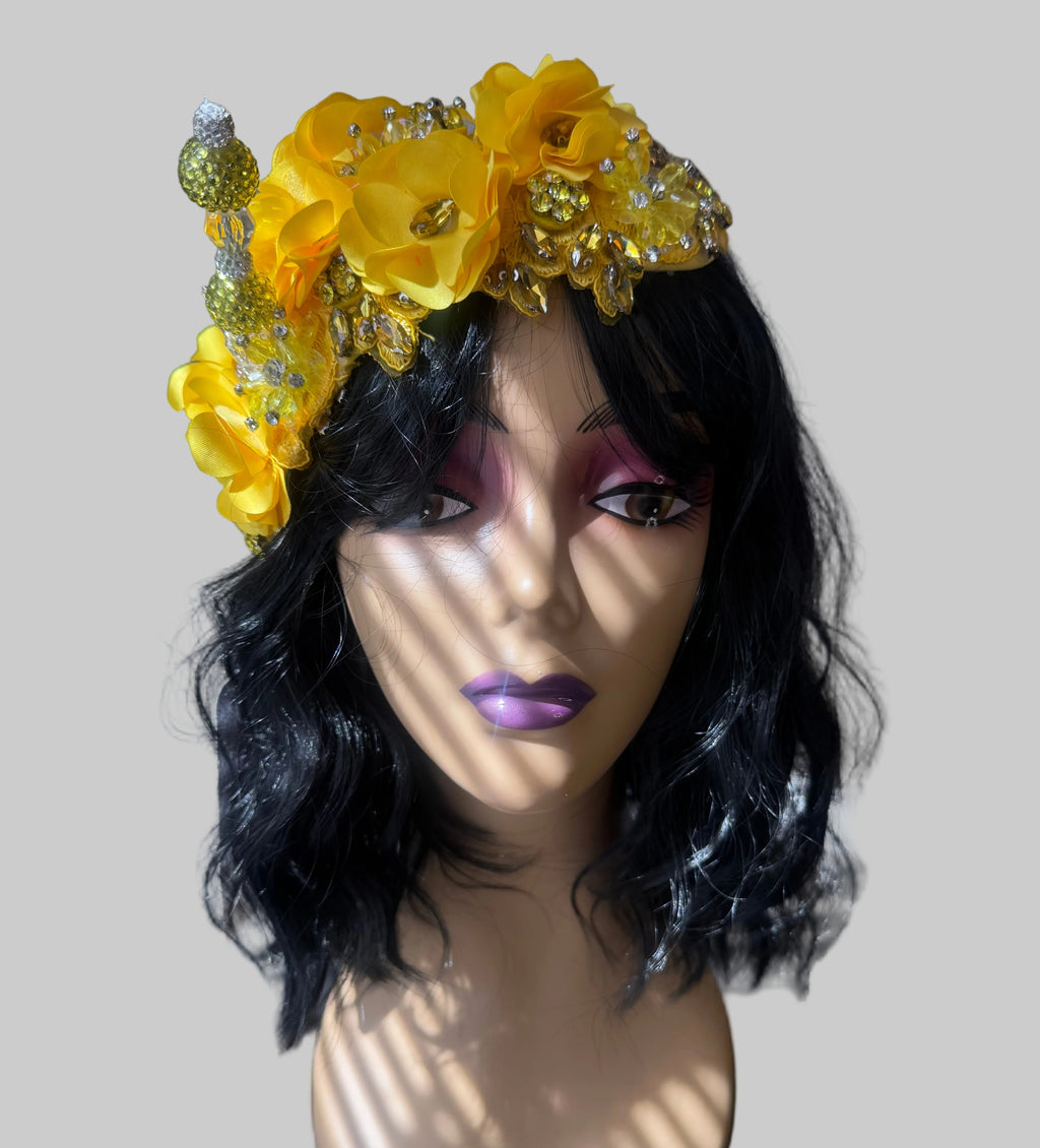 yellow floral jeweled headpiece fascinator